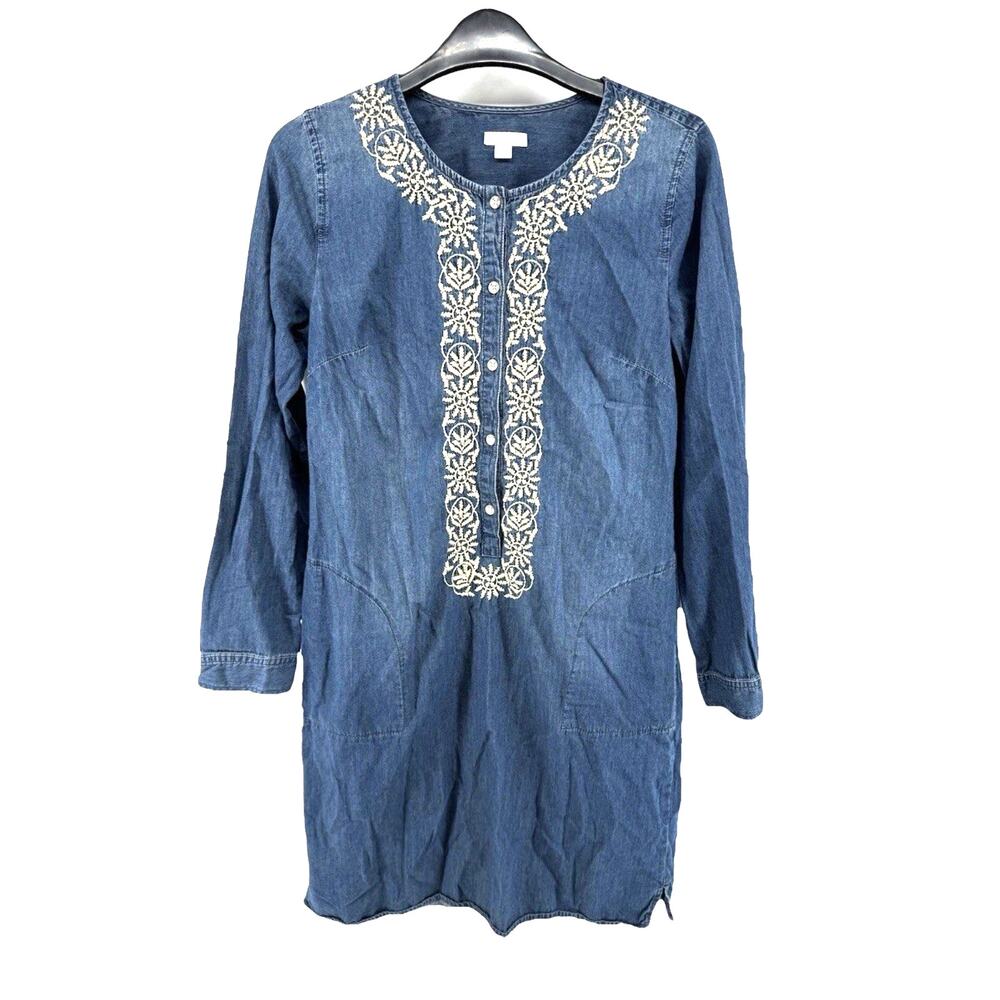J Jill Chambray Denim Button Embroidery Front Long Sleeve Pocket Dress Small